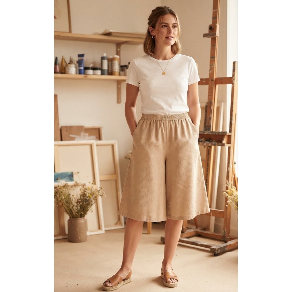 Blair Tan Gaucho Pants Wide Leg Culottes Elastic Waist Pockets Size 16PT